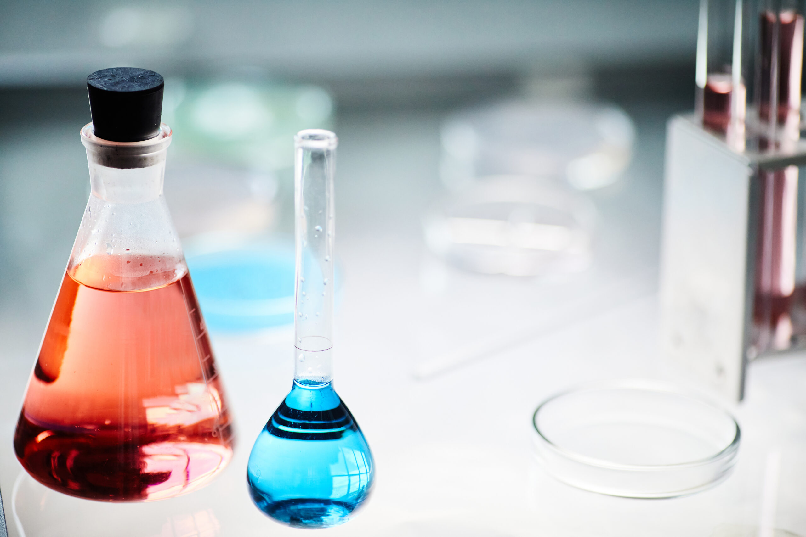 Two Glass Beakers with Red and Blue Chemicals on Table in Light Table Laboratory